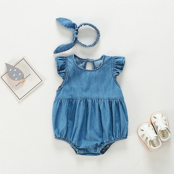 2-piece Baby Solid Denim Ruffled Rompers with headband